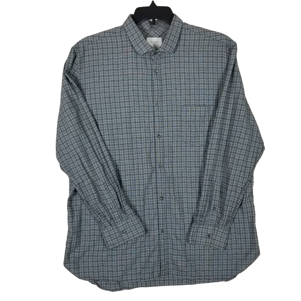 Billy Reid Button Down Shirt‎ Mens XXL Grey Blue Micro Plaid Cotton Standard Fit